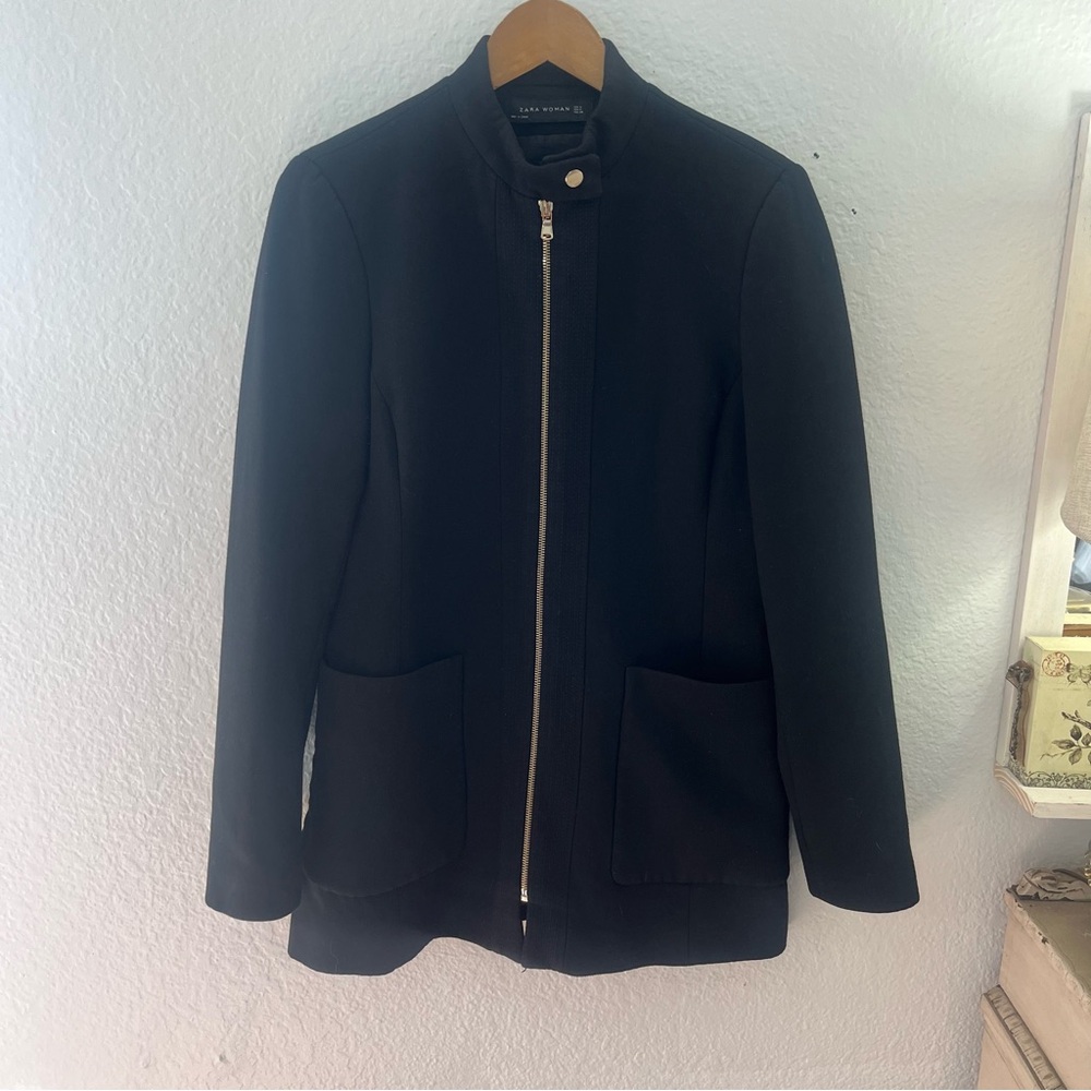 zara woman black tapered jacket full zip button neck size medium